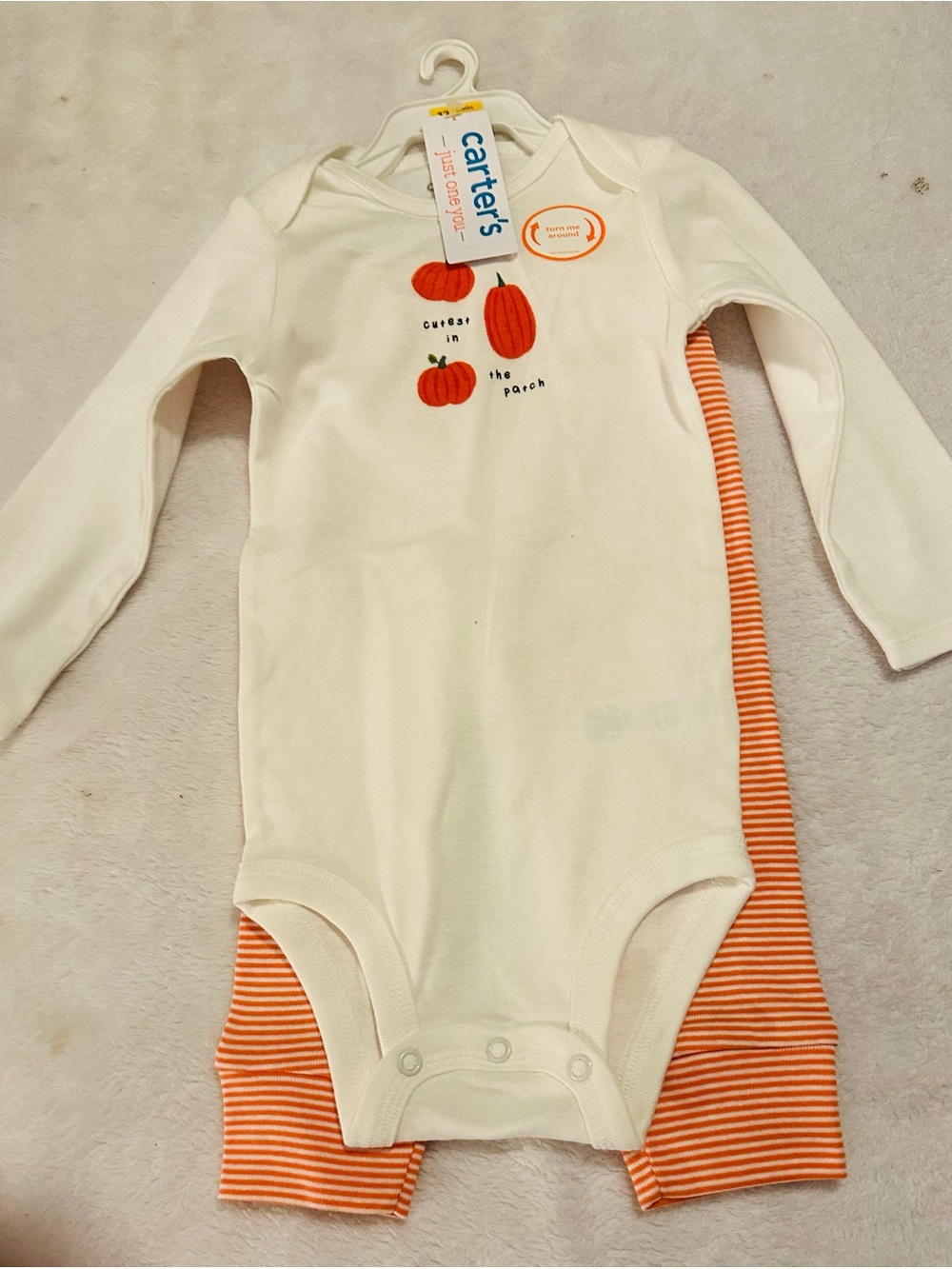Carter's White Bodysuit & Orange Striped Pants Pumpkin Set